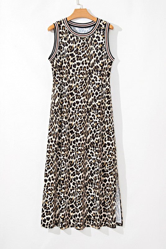 Contrast Stripe Trim Leopard Sleeveless long Dress - Blu Lotus Boutique