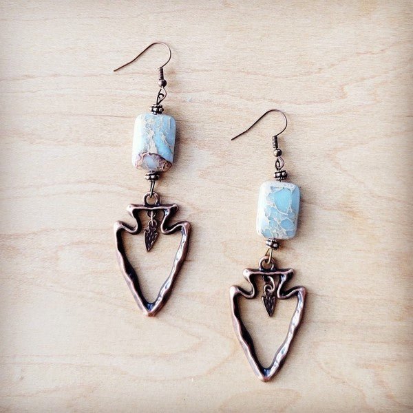 Copper Arrow Earrings w/ Genuine Aqua Terra Beads - Blu Lotus Boutique