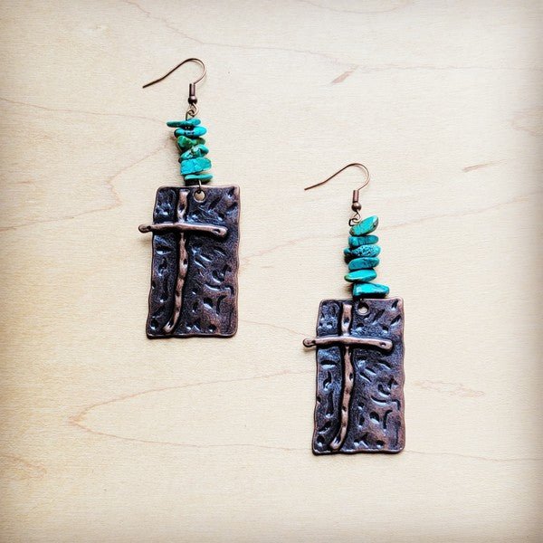 Copper Cross Earrings w/ Natural Turquoise Chunks - Blu Lotus Boutique