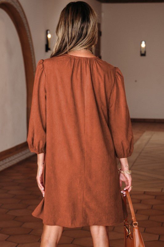 Corduroy Pleated Scallop Neck 3/4 Sleeve Mini Dres - Blu Lotus Boutique