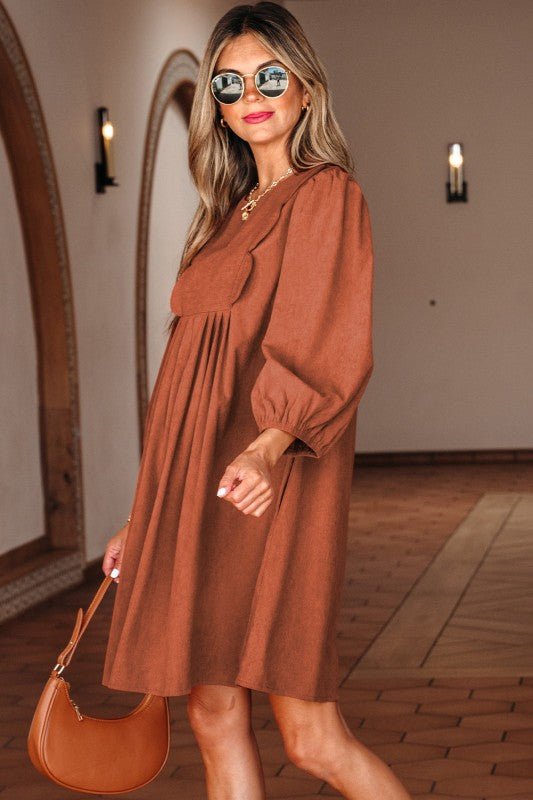 Corduroy Pleated Scallop Neck 3/4 Sleeve Mini Dres - Blu Lotus Boutique