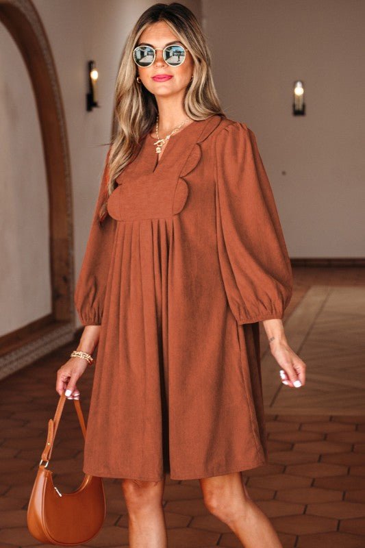 Corduroy Pleated Scallop Neck 3/4 Sleeve Mini Dres - Blu Lotus Boutique