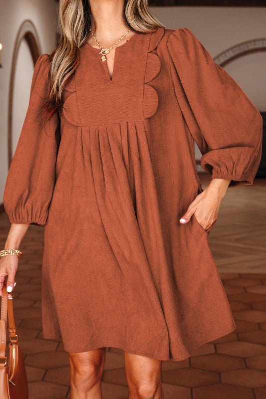 Corduroy Pleated Scallop Neck 3/4 Sleeve Mini Dres - Blu Lotus Boutique