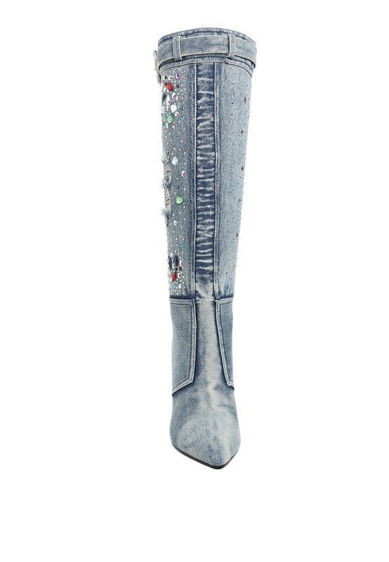 Cornik Multi Color Stones Denim Boots - Blu Lotus Boutique
