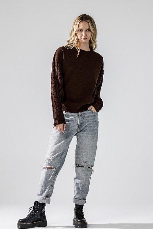 Cozy Solid Body Contrast Cable Knit Sweater - Blu Lotus Boutique