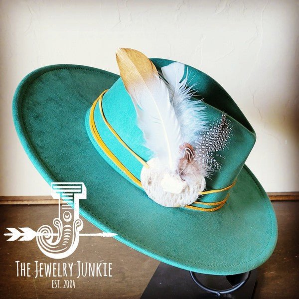 CreamMetallic Feather&Turq Slab Hatband Choice Hat - Blu Lotus Boutique