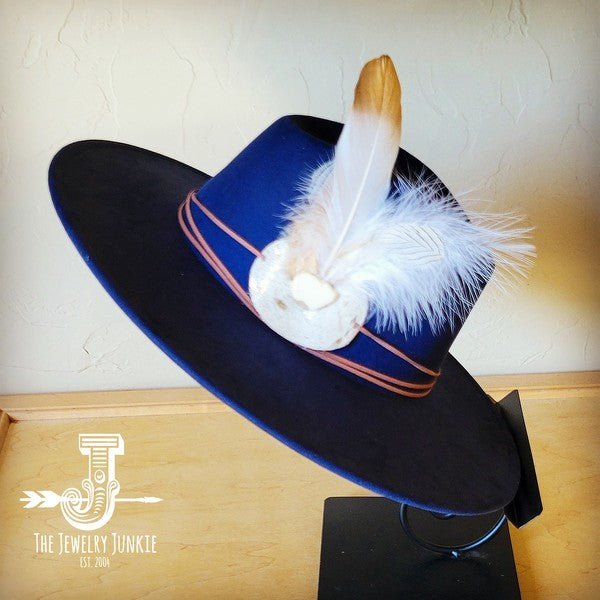CreamMetallic Feather&Turq Slab Hatband Choice Hat - Blu Lotus Boutique