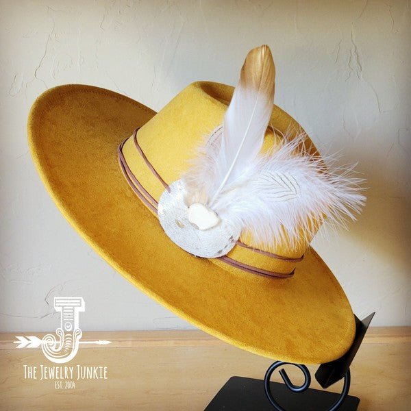 CreamMetallic Feather&Turq Slab Hatband Choice Hat - Blu Lotus Boutique
