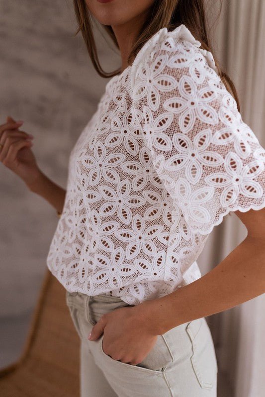 Crochet lace flower embroidered Hallowed Blouse - Blu Lotus Boutique