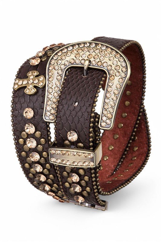 Crystal Cross Leather Western Belt - Blu Lotus Boutique