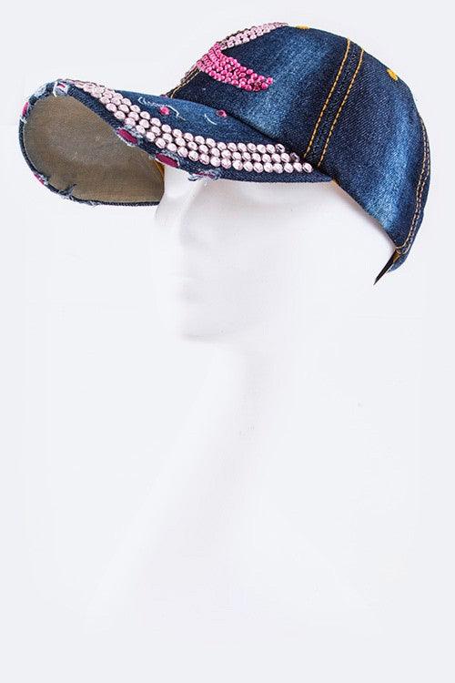 Crystal Pink Ribbon Embelished Fashion Denim Cap - Blu Lotus Boutique