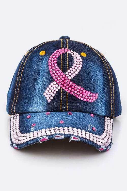 Crystal Pink Ribbon Embelished Fashion Denim Cap - Blu Lotus Boutique
