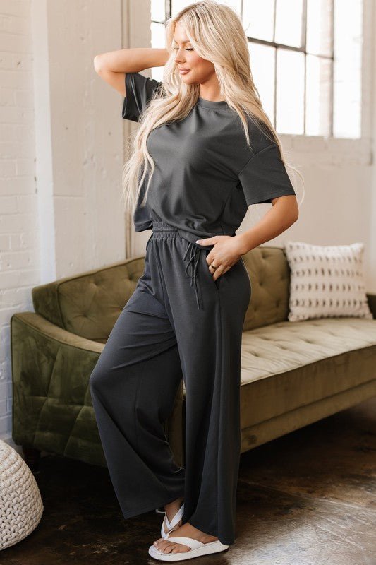 Dallas Drawstring Side Crewneck Tee and Loose Pant - Blu Lotus Boutique