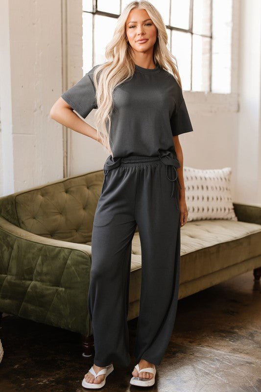 Dallas Drawstring Side Crewneck Tee and Loose Pant - Blu Lotus Boutique