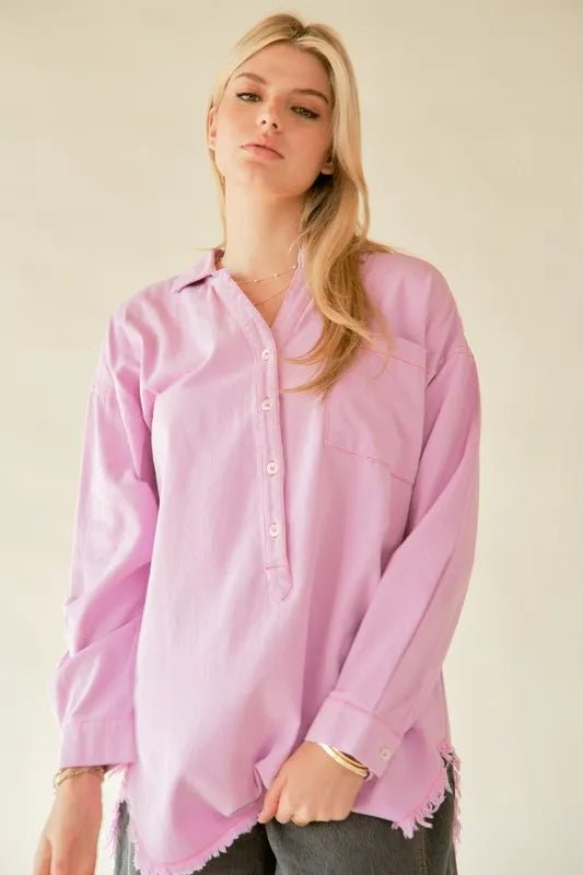 Davi & Dani Letter Back Raw Hem Half Button Shirt - Blu Lotus Boutique