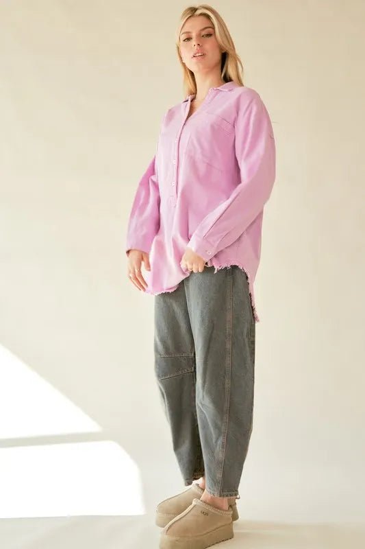 Davi & Dani Letter Back Raw Hem Half Button Shirt - Blu Lotus Boutique