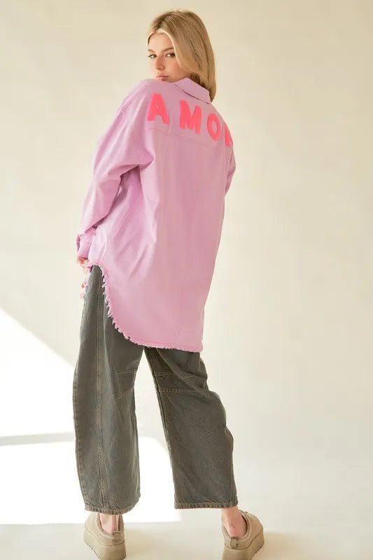 Davi & Dani Letter Back Raw Hem Half Button Shirt - Blu Lotus Boutique