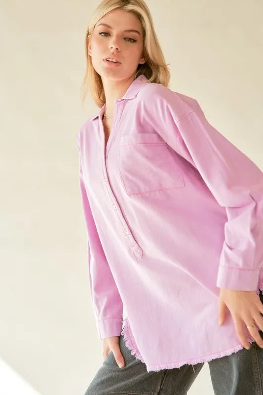 Davi & Dani Letter Back Raw Hem Half Button Shirt - Blu Lotus Boutique