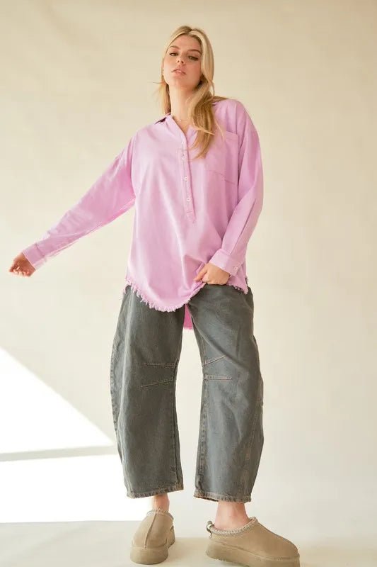 Davi & Dani Letter Back Raw Hem Half Button Shirt - Blu Lotus Boutique