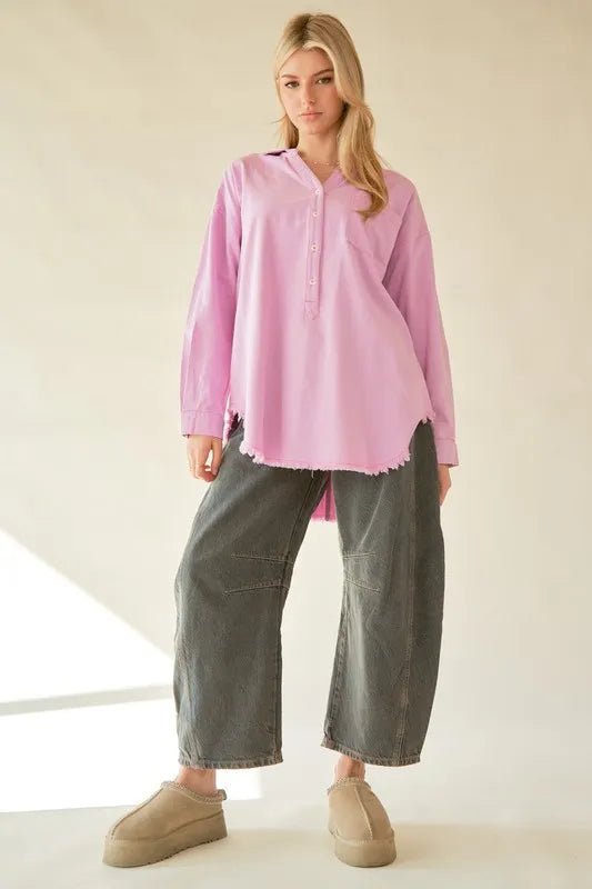 Davi & Dani Letter Back Raw Hem Half Button Shirt - Blu Lotus Boutique