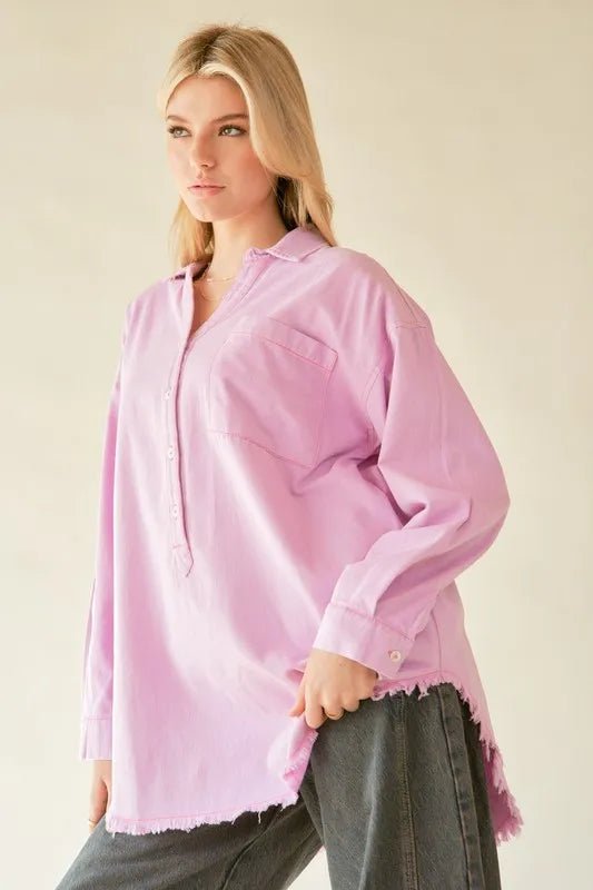 Davi & Dani Letter Back Raw Hem Half Button Shirt - Blu Lotus Boutique