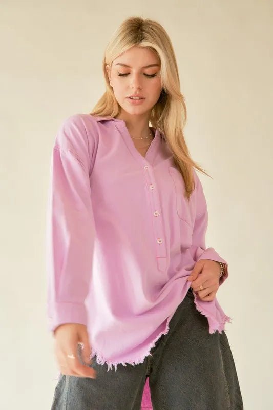 Davi & Dani Letter Back Raw Hem Half Button Shirt - Blu Lotus Boutique