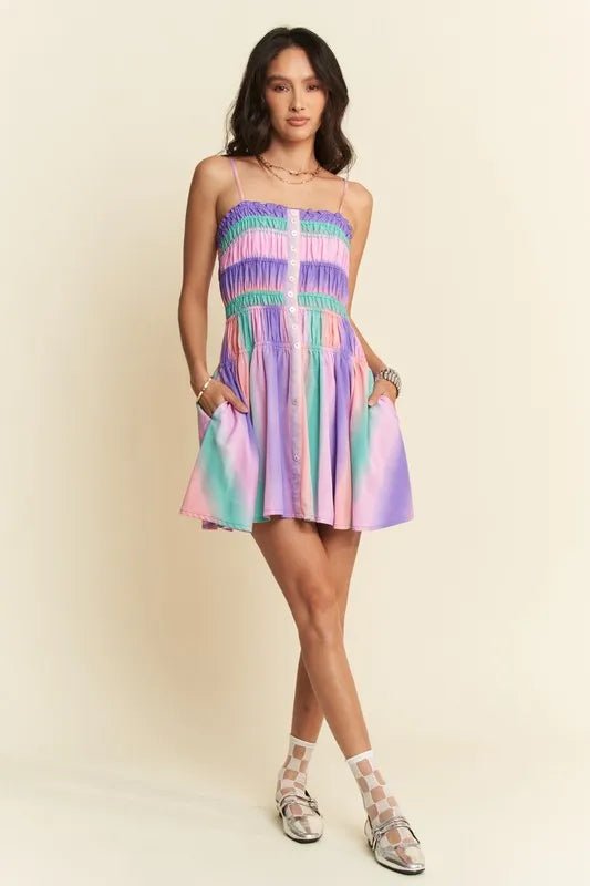 Davi & Dani Multi Color Ombre Printed Bodice Button Up Dress - Blu Lotus Boutique