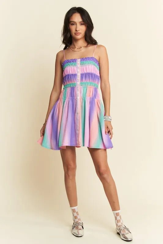 Davi & Dani Multi Color Ombre Printed Bodice Button Up Dress - Blu Lotus Boutique