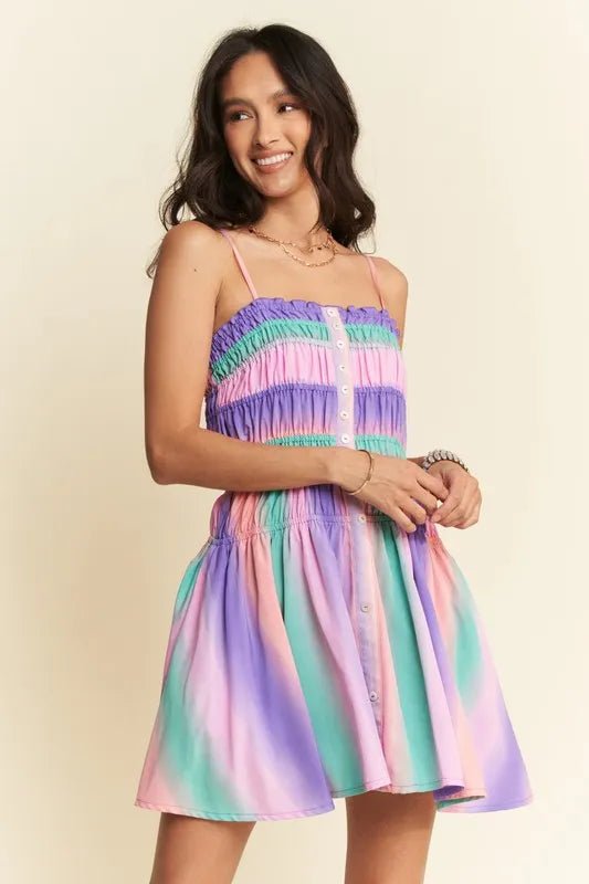 Davi & Dani Multi Color Ombre Printed Bodice Button Up Dress - Blu Lotus Boutique