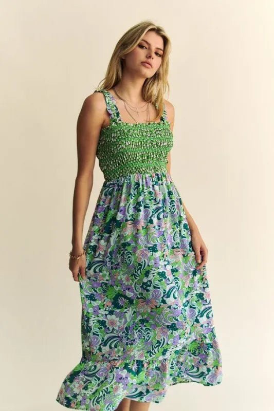 Davi & Dani Multi Smocked Bodice Geo Ruffle Strappy Midi Dress - Blu Lotus Boutique