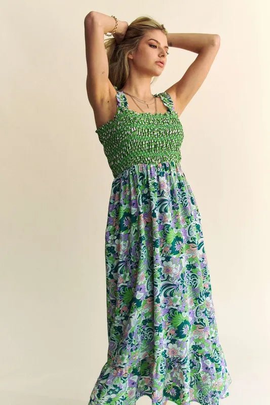 Davi & Dani Multi Smocked Bodice Geo Ruffle Strappy Midi Dress - Blu Lotus Boutique