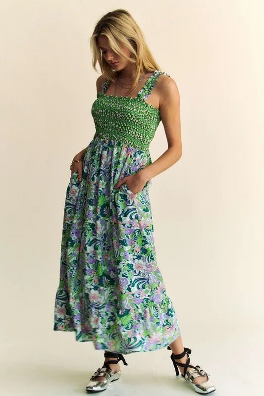 Davi & Dani Multi Smocked Bodice Geo Ruffle Strappy Midi Dress - Blu Lotus Boutique