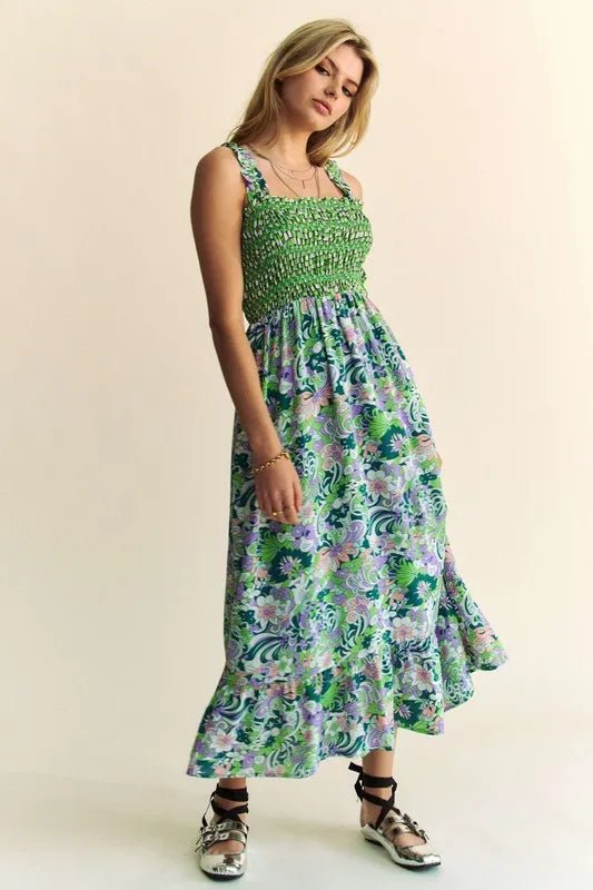 Davi & Dani Multi Smocked Bodice Geo Ruffle Strappy Midi Dress - Blu Lotus Boutique
