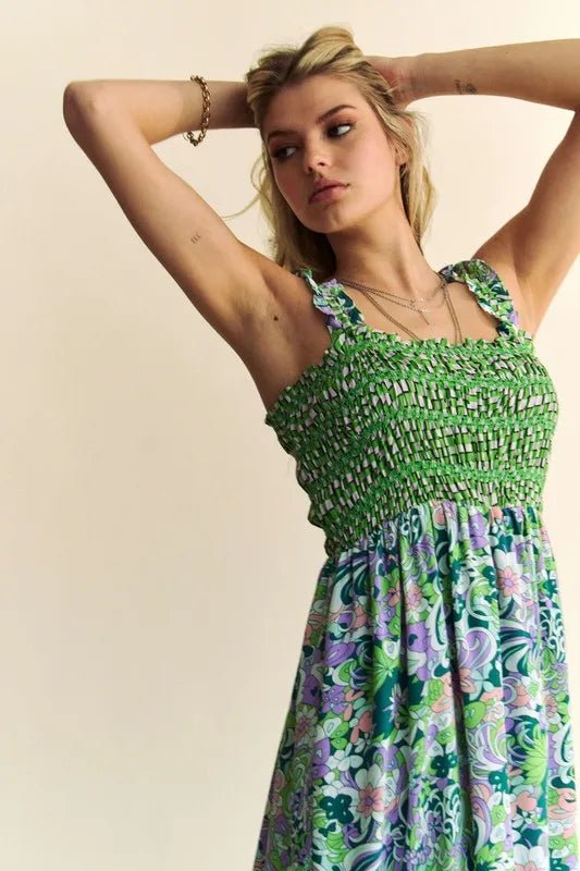 Davi & Dani Multi Smocked Bodice Geo Ruffle Strappy Midi Dress - Blu Lotus Boutique