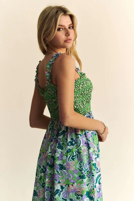 Davi & Dani Multi Smocked Bodice Geo Ruffle Strappy Midi Dress - Blu Lotus Boutique