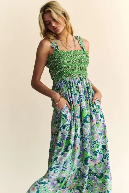 Davi & Dani Multi Smocked Bodice Geo Ruffle Strappy Midi Dress - Blu Lotus Boutique