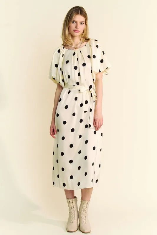 Davi & Dani Polka Dot Puff Sleeves Waist Tie Midi Dress - Blu Lotus Boutique