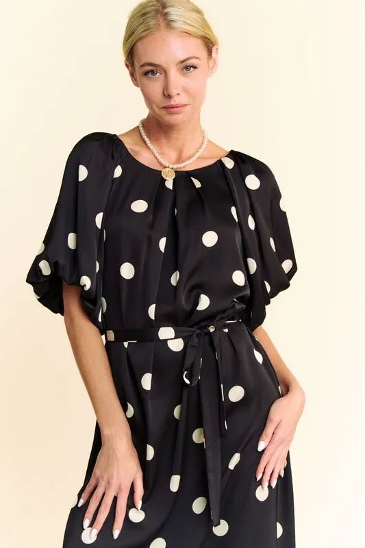 Davi & Dani Polka Dot Puff Sleeves Waist Tie Midi Dress - Blu Lotus Boutique