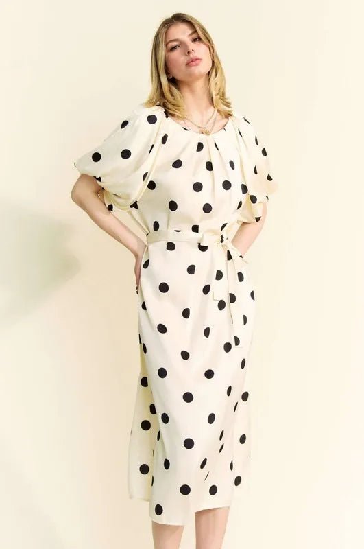 Davi & Dani Polka Dot Puff Sleeves Waist Tie Midi Dress - Blu Lotus Boutique