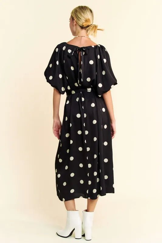 Davi & Dani Polka Dot Puff Sleeves Waist Tie Midi Dress - Blu Lotus Boutique