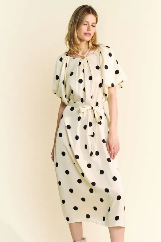 Davi & Dani Polka Dot Puff Sleeves Waist Tie Midi Dress - Blu Lotus Boutique