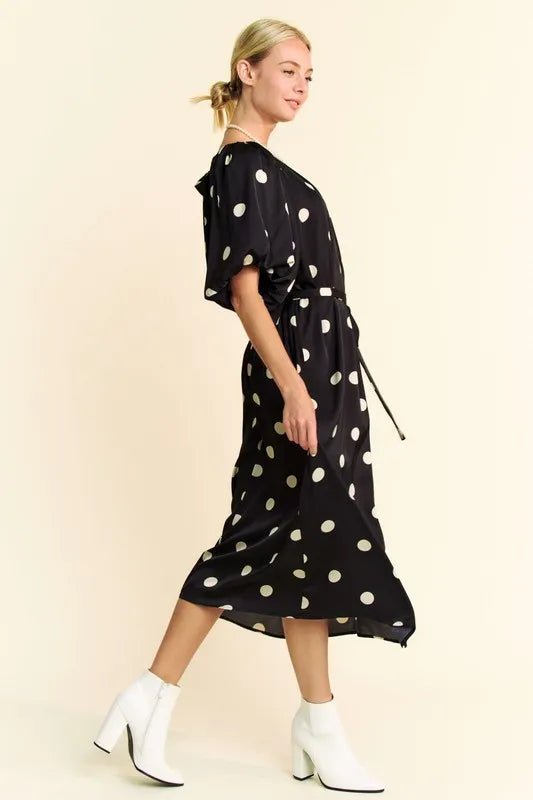 Davi & Dani Polka Dot Puff Sleeves Waist Tie Midi Dress - Blu Lotus Boutique