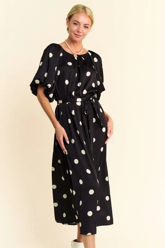 Davi & Dani Polka Dot Puff Sleeves Waist Tie Midi Dress - Blu Lotus Boutique