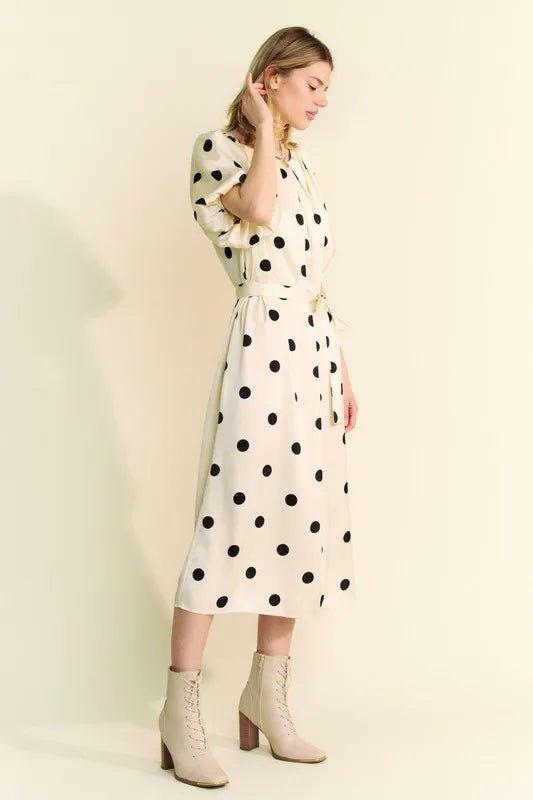 Davi & Dani Polka Dot Puff Sleeves Waist Tie Midi Dress - Blu Lotus Boutique