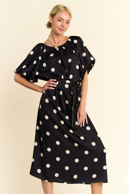 Davi & Dani Polka Dot Puff Sleeves Waist Tie Midi Dress - Blu Lotus Boutique