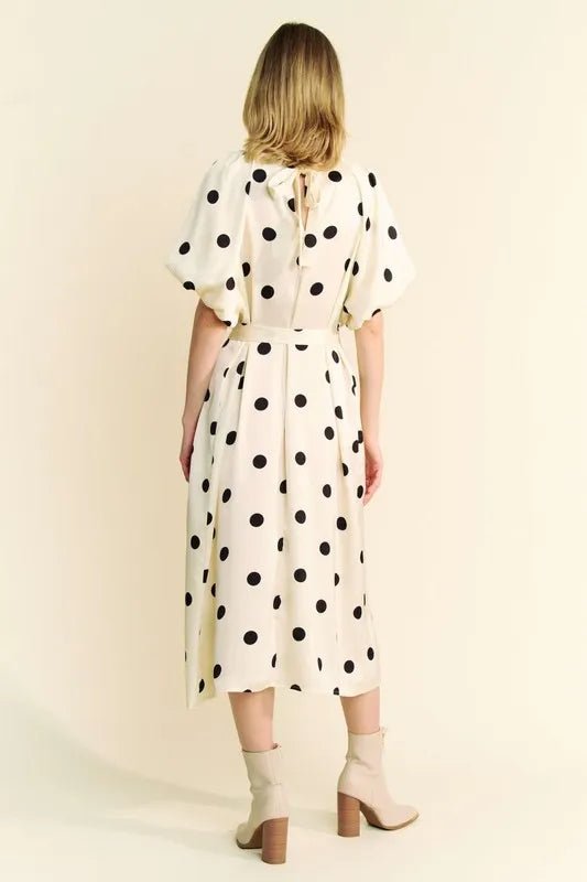 Davi & Dani Polka Dot Puff Sleeves Waist Tie Midi Dress - Blu Lotus Boutique