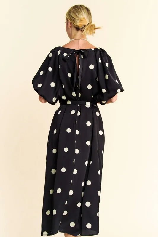 Davi & Dani Polka Dot Puff Sleeves Waist Tie Midi Dress - Blu Lotus Boutique