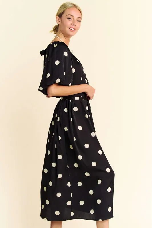 Davi & Dani Polka Dot Puff Sleeves Waist Tie Midi Dress - Blu Lotus Boutique