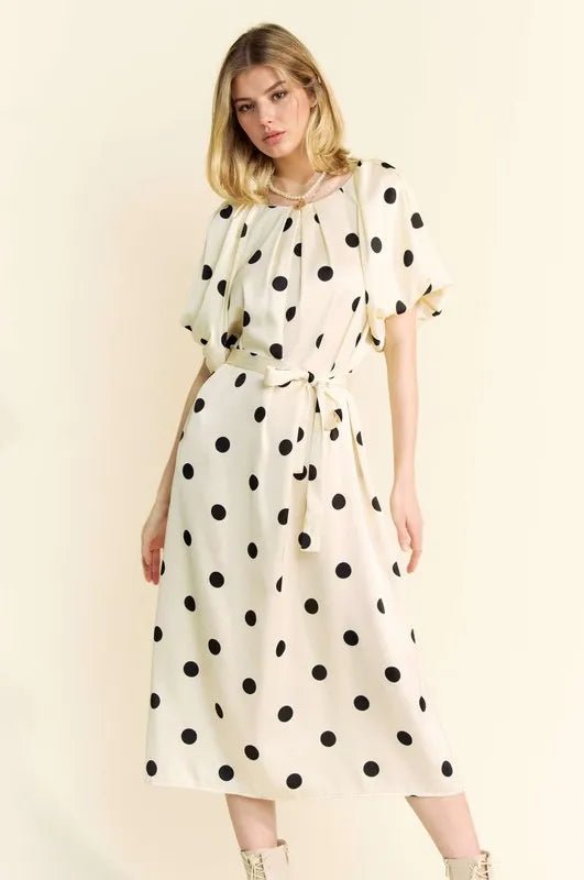 Davi & Dani Polka Dot Puff Sleeves Waist Tie Midi Dress - Blu Lotus Boutique