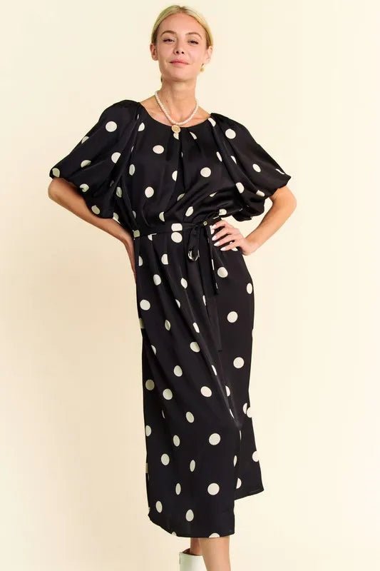 Davi & Dani Polka Dot Puff Sleeves Waist Tie Midi Dress - Blu Lotus Boutique